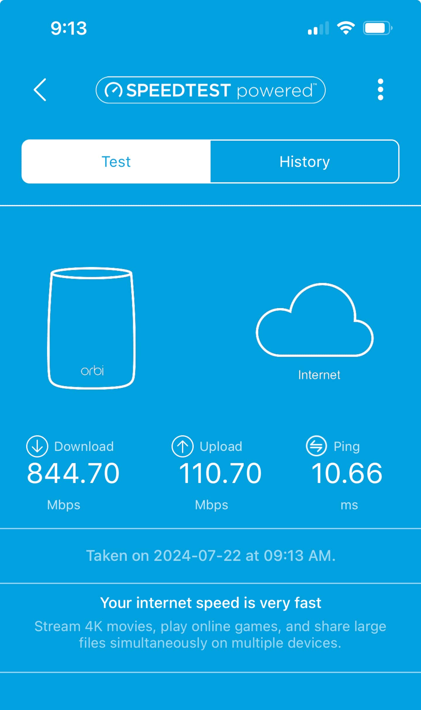 Speed test at MacKenzie House showing 844 Mbps download on the fibre connection
